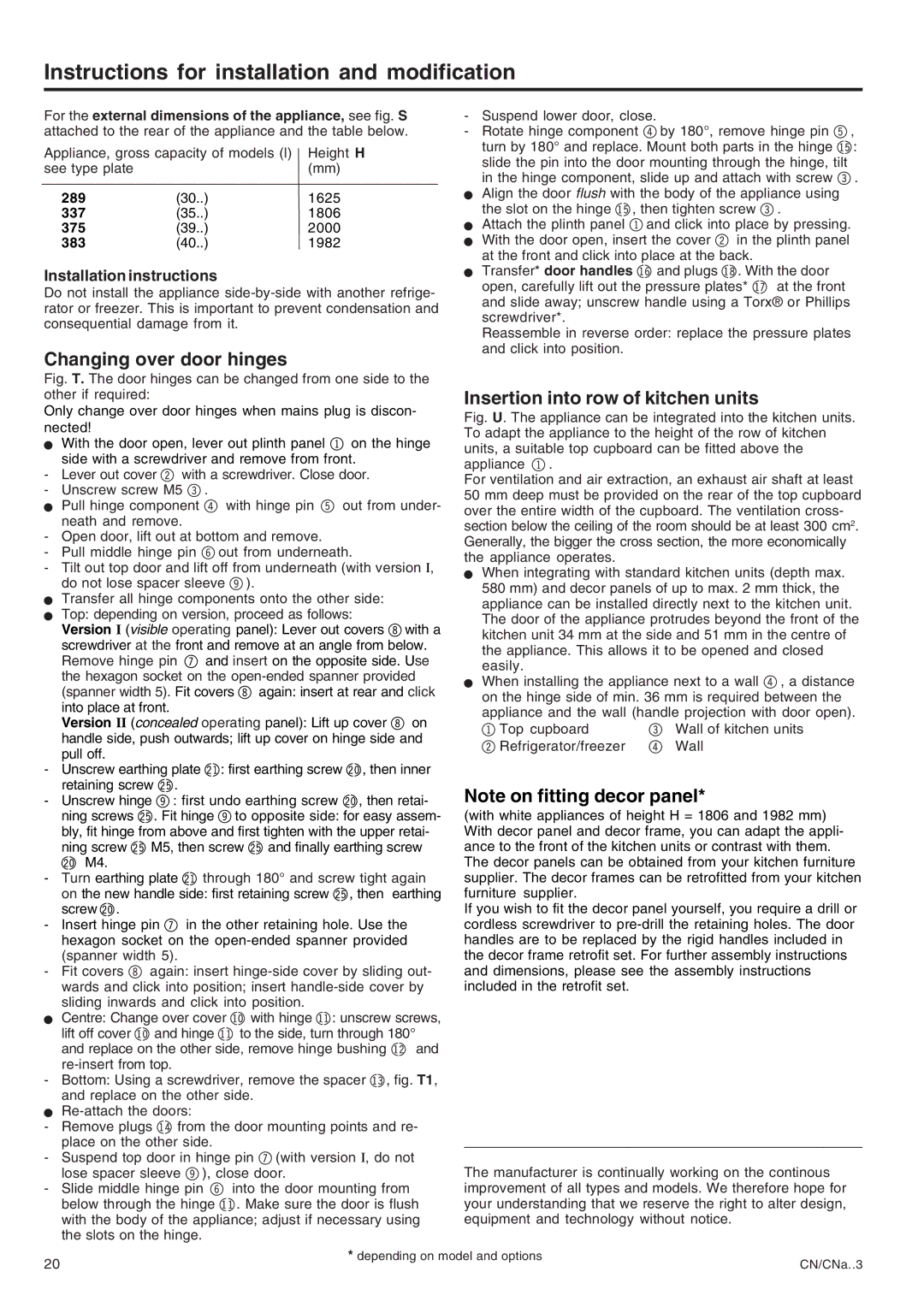 Liebherr 7082 224-00 Instructions for installation and modification, Changing over door hinges, Installation instructions 