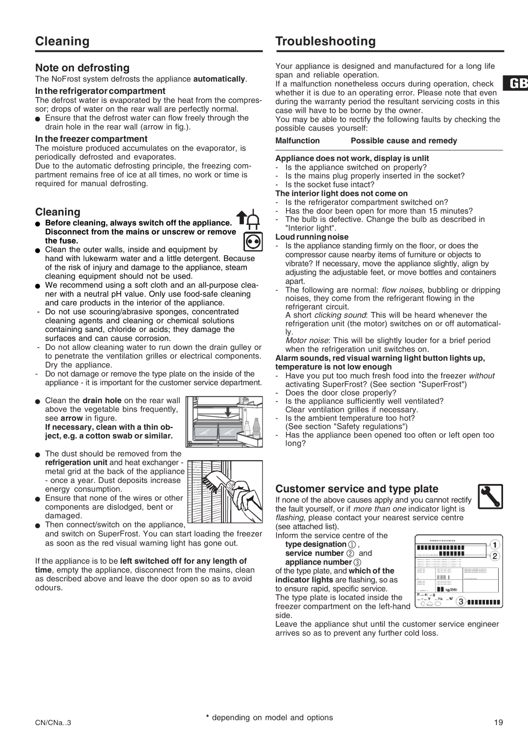 Liebherr 7082 224-00 manual Cleaning Troubleshooting, Customer service and type plate, Refrigerator compartment 