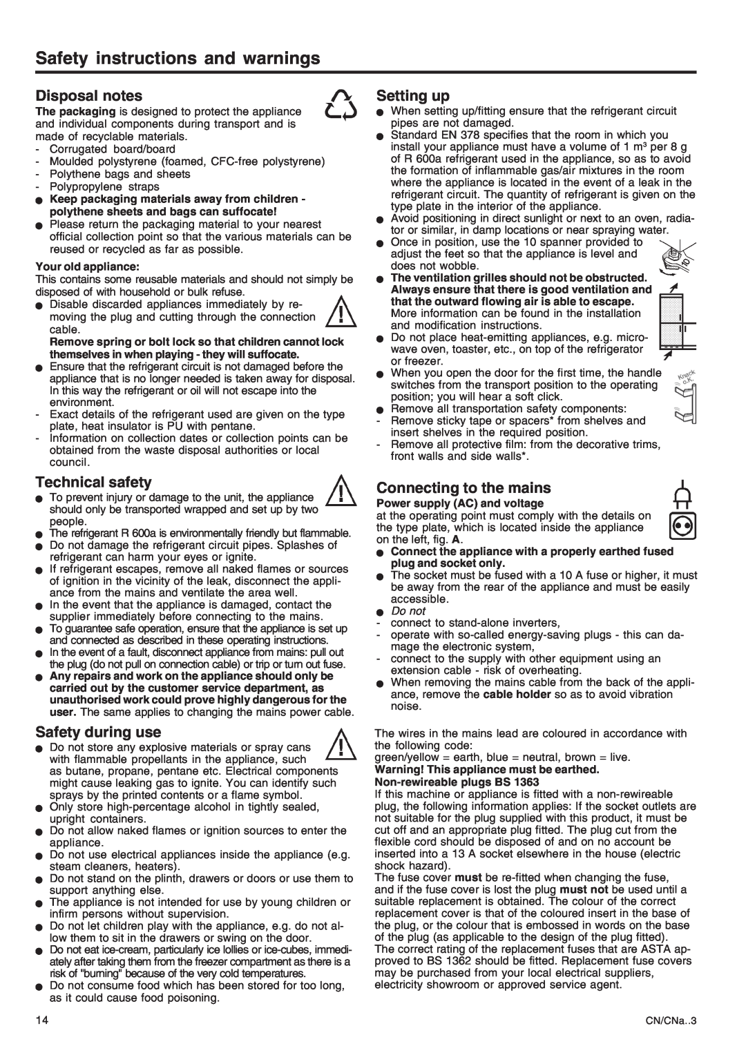 Liebherr 7082 224-00 Safety instructions and warnings, Disposal notes, Technical safety, Safety during use, Setting up 