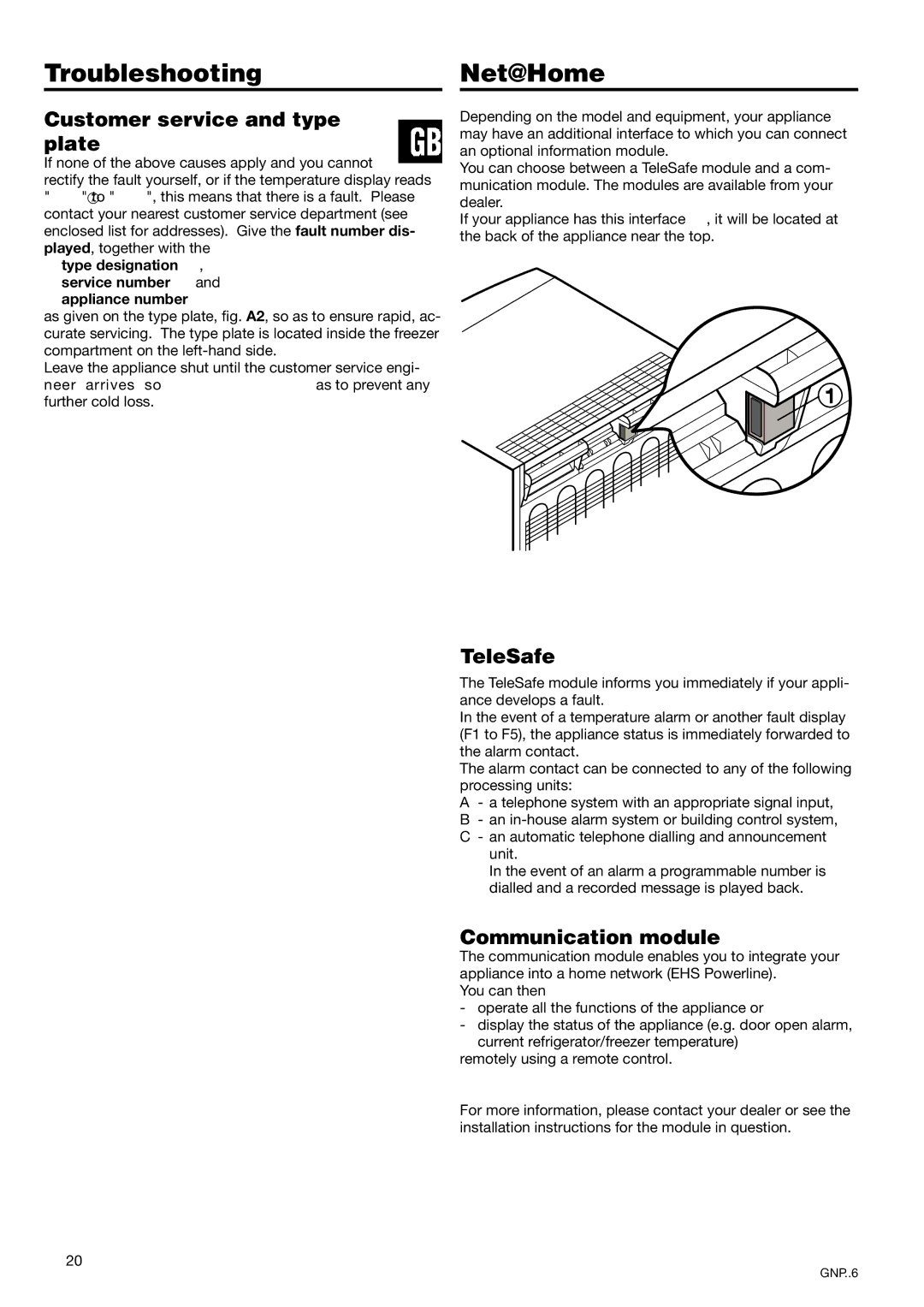 Liebherr 7082 260-00 manual Net@Home, Customer service and type plate, TeleSafe, Communication module 