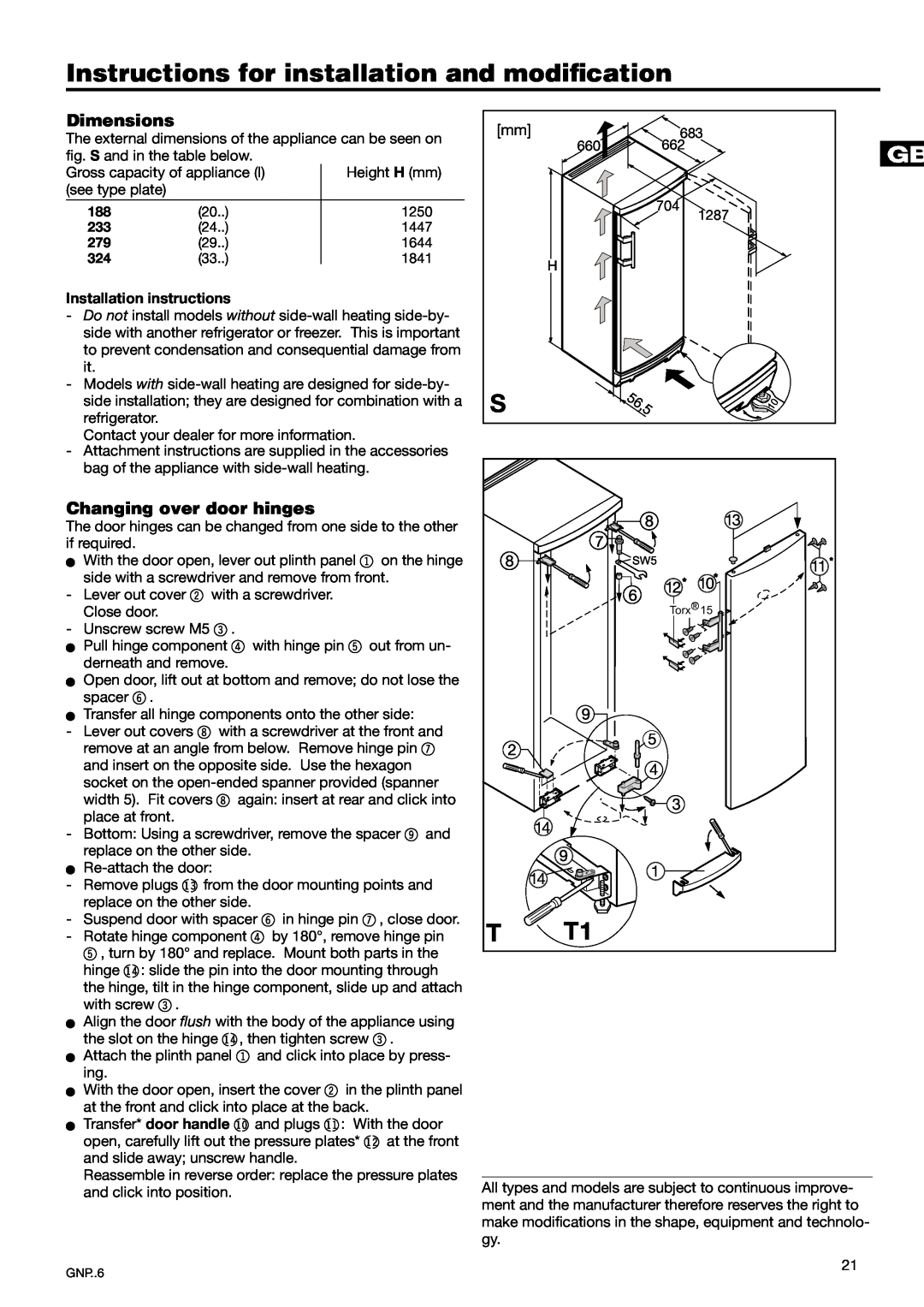 Liebherr 7082 260-00 manual Instructions for installation and modiﬁcation, Dimensions, Changing over door hinges, 56,5 