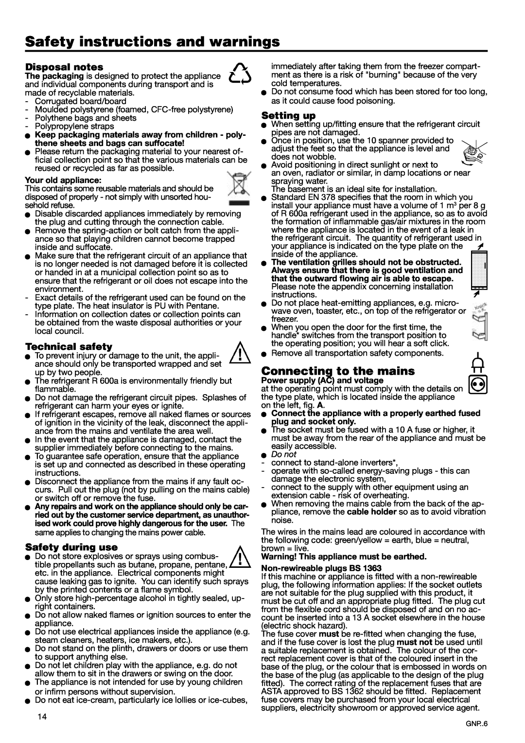 Liebherr 7082 260-00 Safety instructions and warnings, Connecting to the mains, Disposal notes, Technical safety, WDo not 