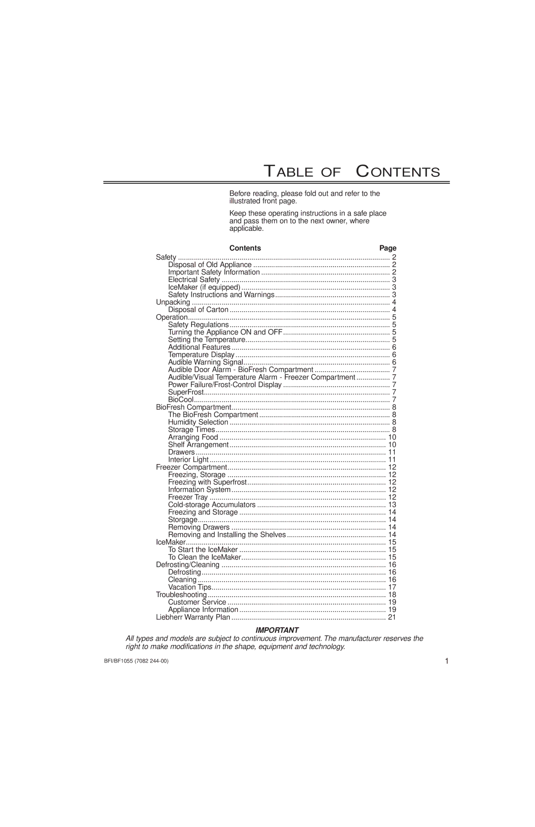 Liebherr 2956, 7082 manuel dutilisation Table of Contents 