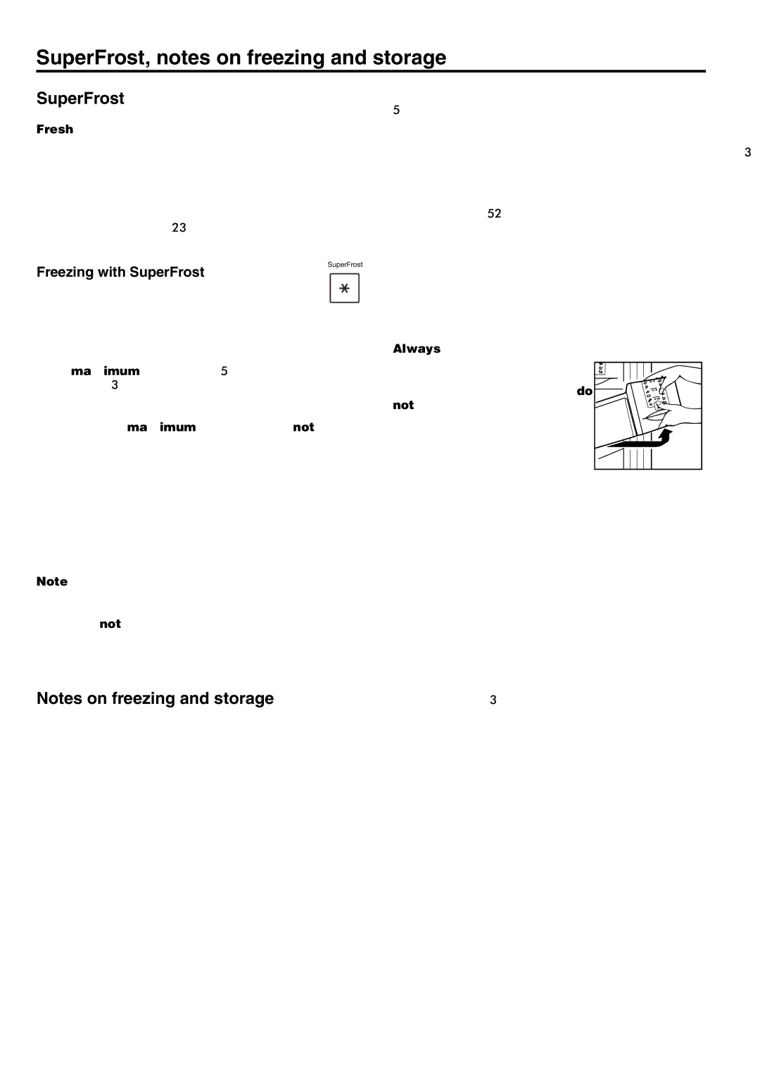 Liebherr 7082 300-03 manual SuperFrost, notes on freezing and storage, Freezing with SuperFrost 