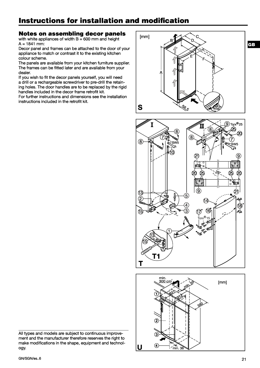 Liebherr 7082 300-03 manual Notes on assembling decor panels, Instructions for installation and modiﬁcation, T1 T, 56,5 