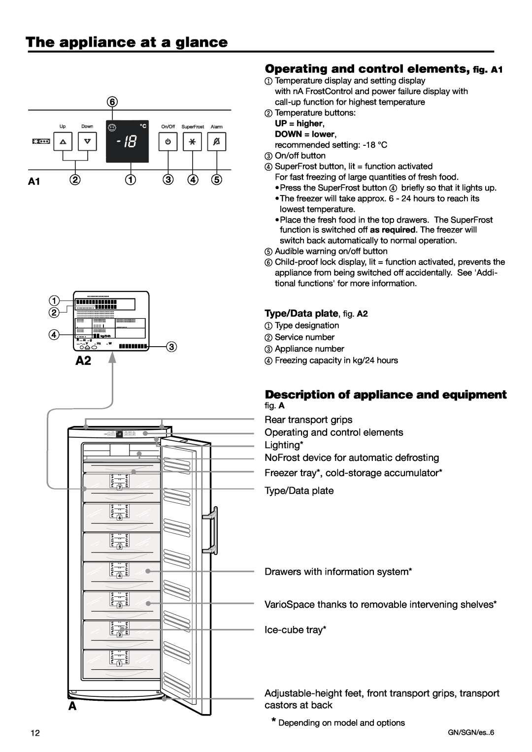 Liebherr 7082 300-03 manual The appliance at a glance, Operating and control elements, ﬁg. A1, Type/Data plate, ﬁg. A2 