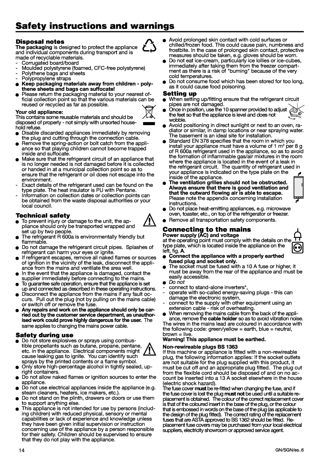 Liebherr 7082 300-03 Safety instructions and warnings, Connecting to the mains, Disposal notes, Technical safety, WDo not 