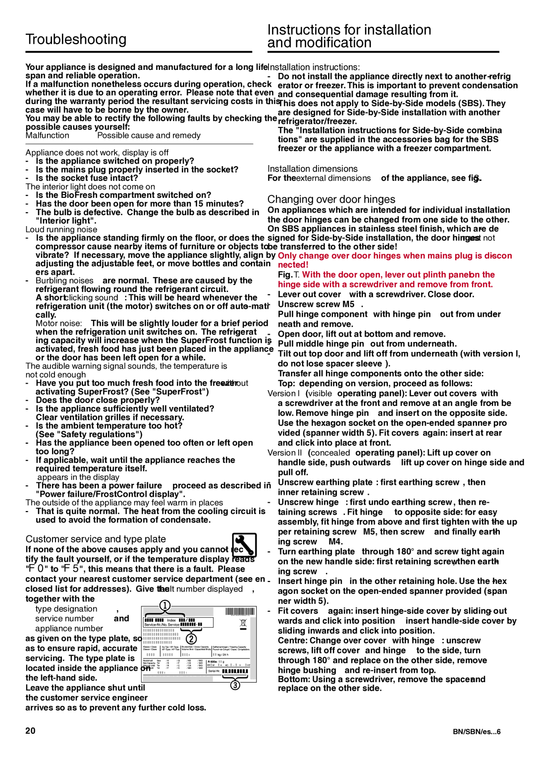 Liebherr 7082 344-01 manual Troubleshooting, Instructions for installation and modification, Changing over door hinges 