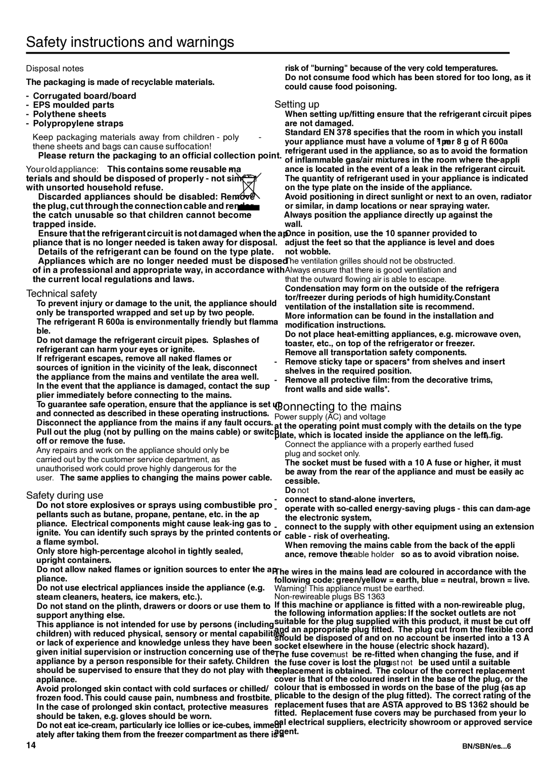 Liebherr 7082 344-01 manual Safety instructions and warnings, Connecting to the mains, Technical safety, Safety during use 