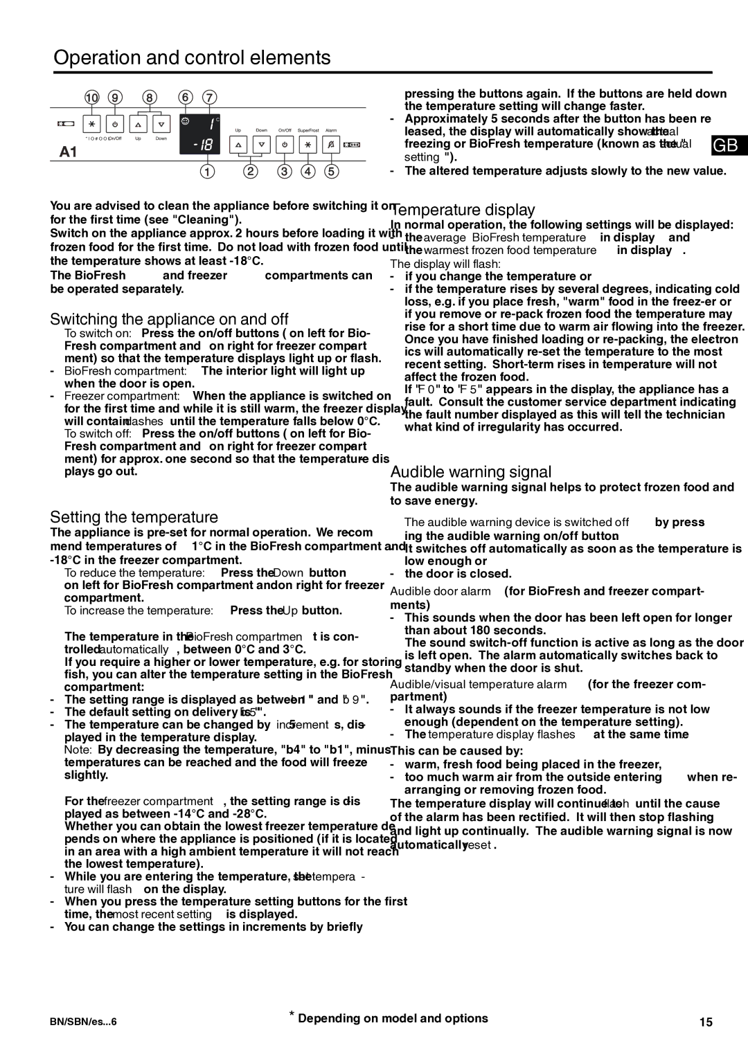 Liebherr 7082 344-01 manual Operation and control elements, Switching the appliance on and off, Setting the temperature 