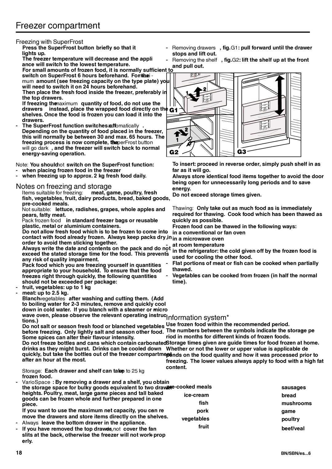 Liebherr 7082 344-01 manual Freezer compartment, Information system, Freezing with SuperFrost 