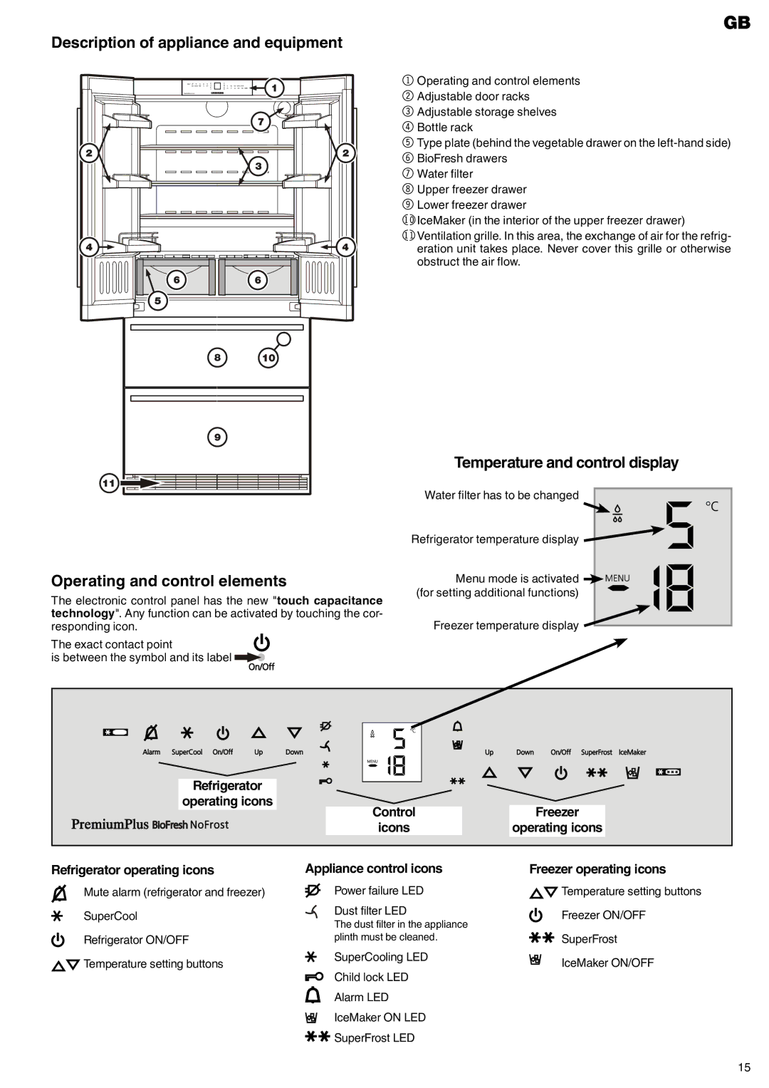 Liebherr 7082-499-00 manual Temperature and control display, Icons, Refrigerator operating icons, Appliance control icons 