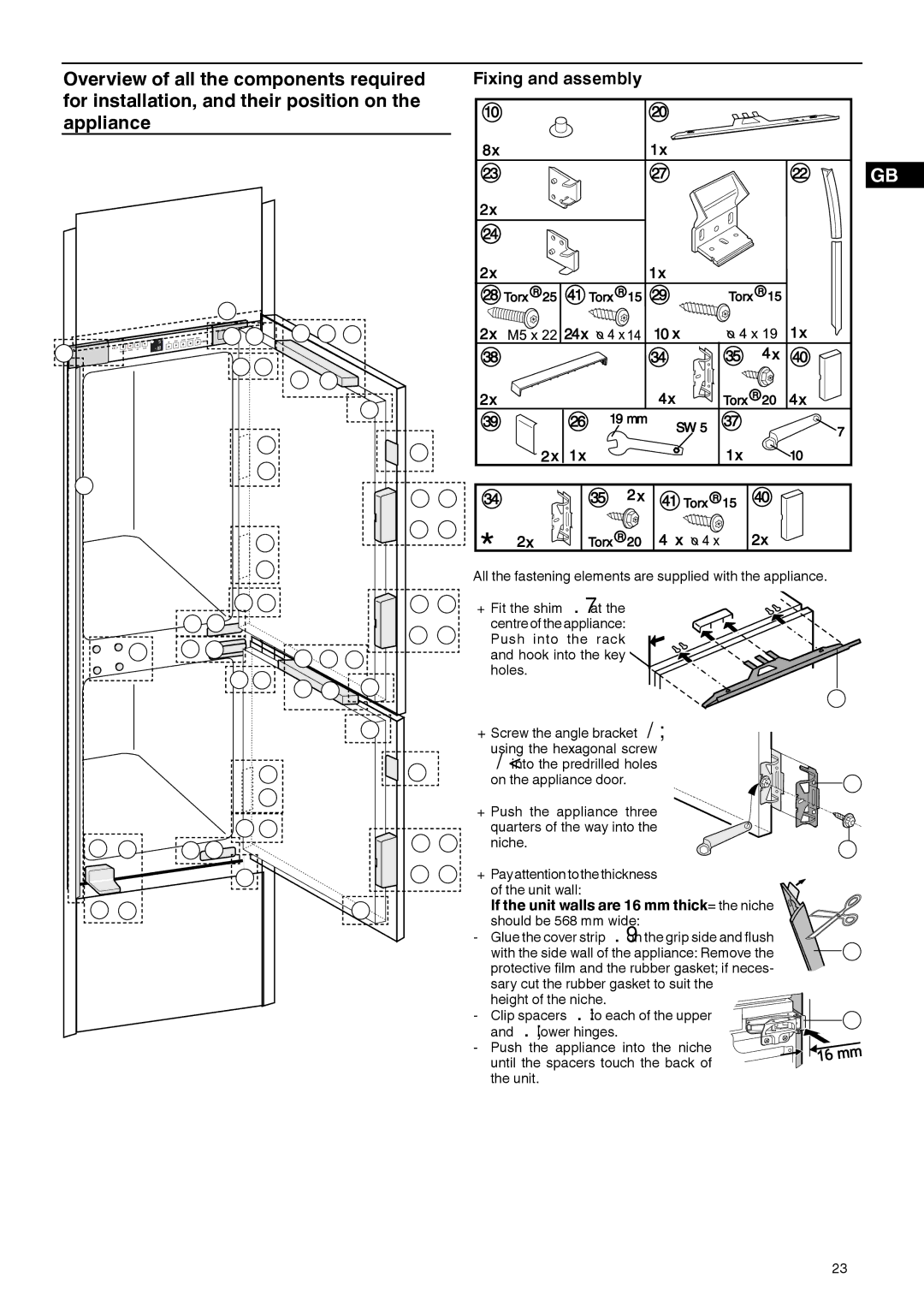 Liebherr 7082 532-00 Overview of all the components required, For installation, and their position on Appliance 