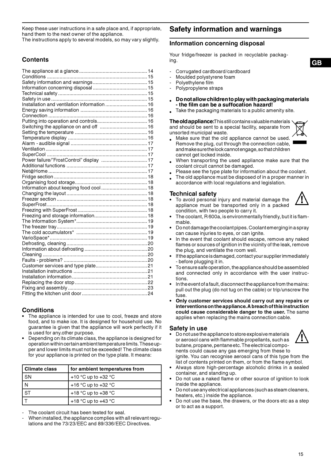 Liebherr 7082 532-00 Contents, Conditions, Information concerning disposal, Technical safety, Safety in use 