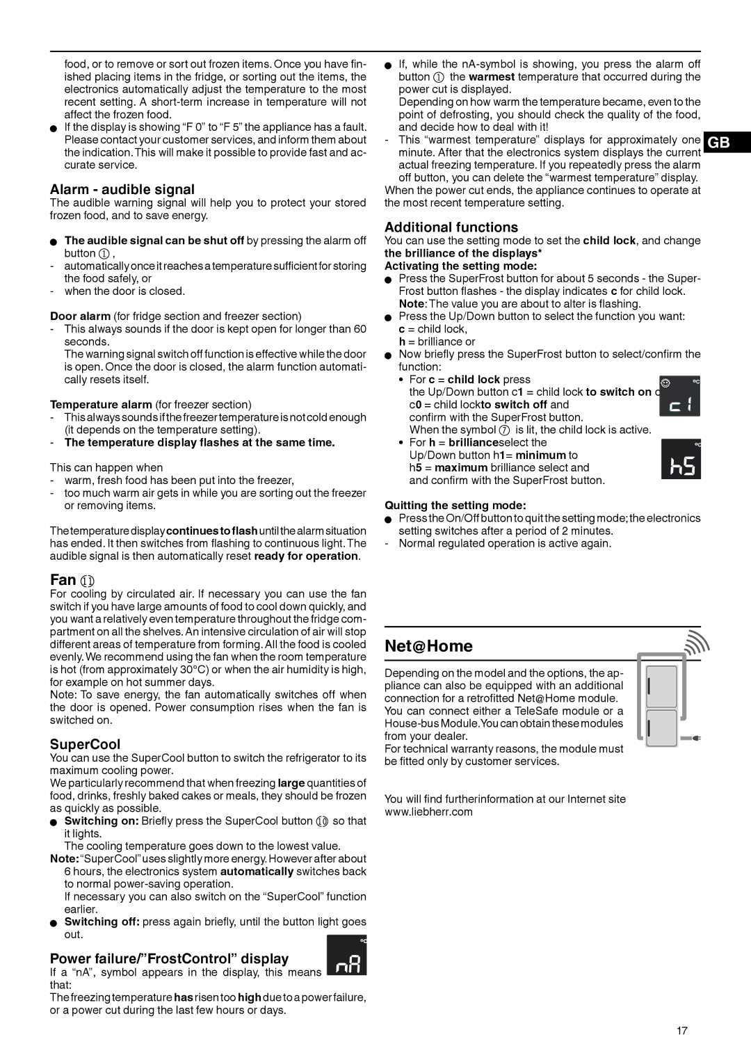 Liebherr 7082 532-00 Fan bm, Alarm audible signal, SuperCool, Power failure/FrostControl display, Additional functions 