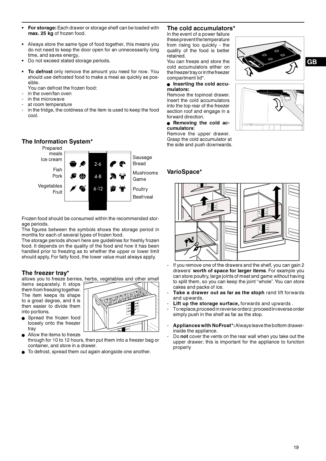 Liebherr 7082 532-00 Cold accumulators, Information System, Freezer tray, Inserting the cold accu- mulators 