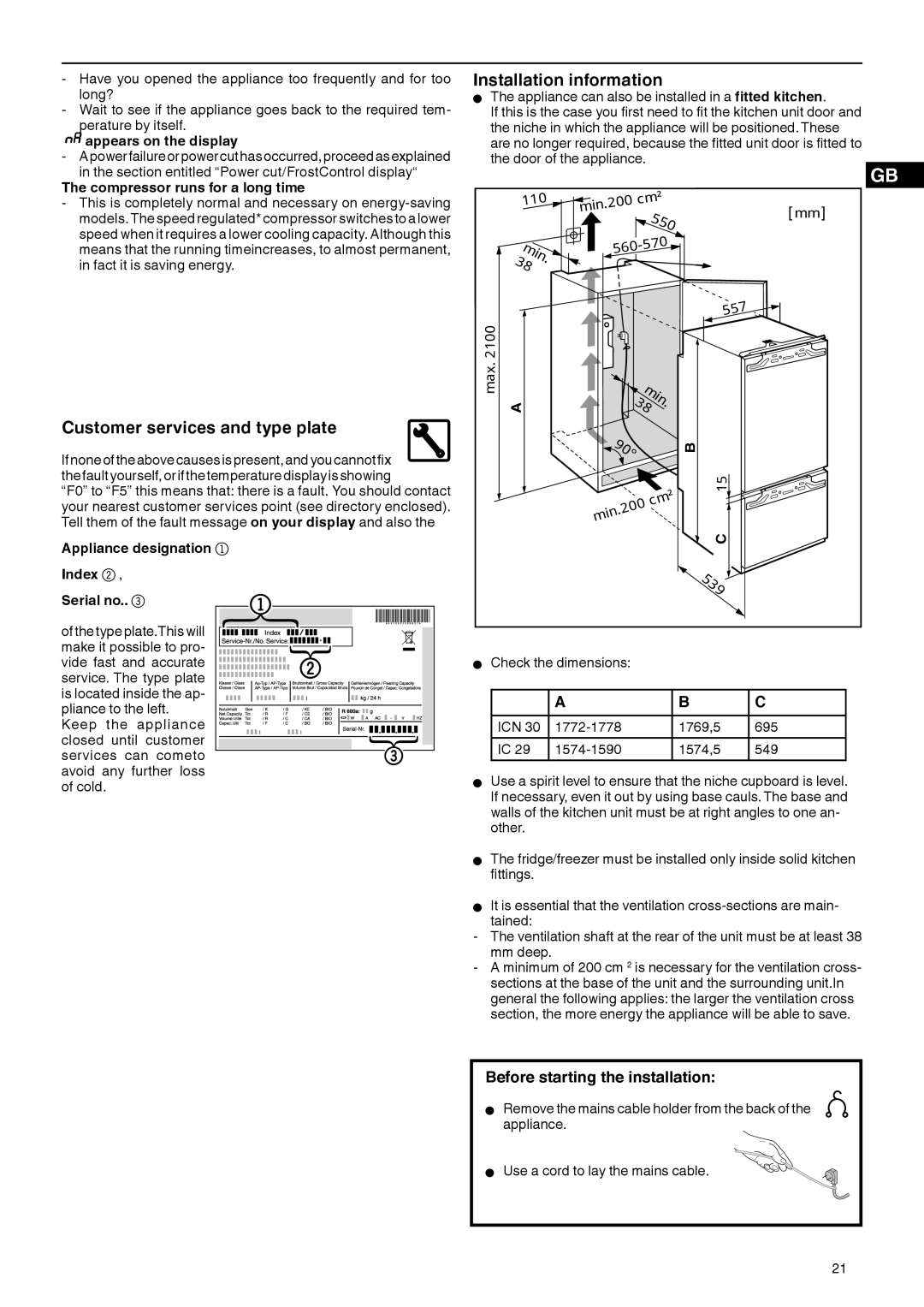 Liebherr 7082 532-00 Customer services and type plate, Installation information, Before starting the installation 