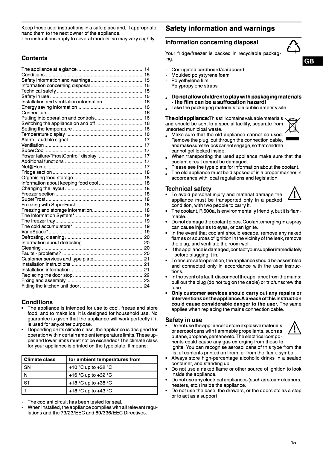 Liebherr 7082 532-00 Safety information and warnings, Contents, Conditions, Information concerning disposal, Safety in use 