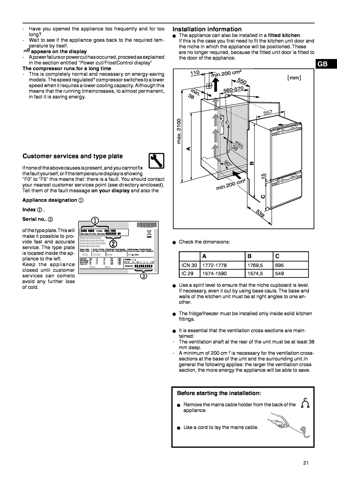 Liebherr 7082 532-00 Customer services and type plate, Installation information, Before starting the installation 