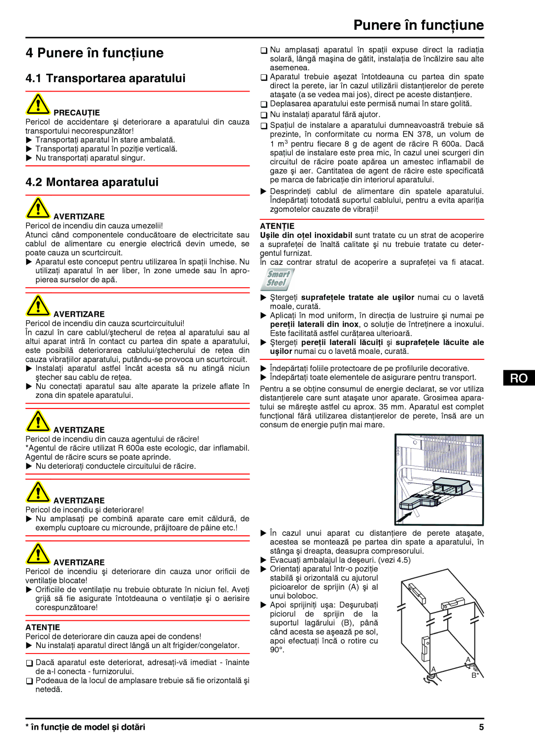 Liebherr 280813, 7082813 manual Punere în funcţiune, Transportarea aparatului, Montarea aparatului 