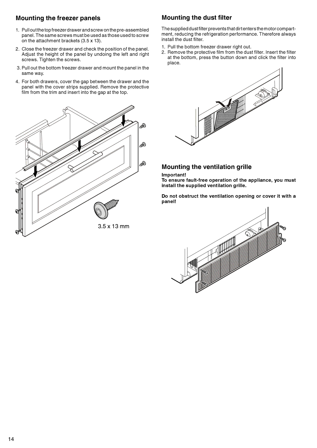 Liebherr 7083-103-00 Mounting the freezer panels, Mounting the dust filter, Mounting the ventilation grille 