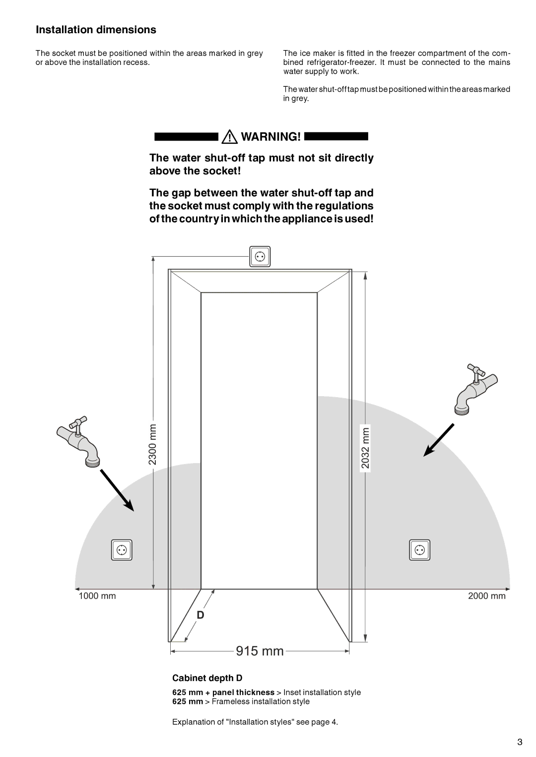 Liebherr 7083-103-00 Installation dimensions, Water shut-off tap must not sit directly above the socket 