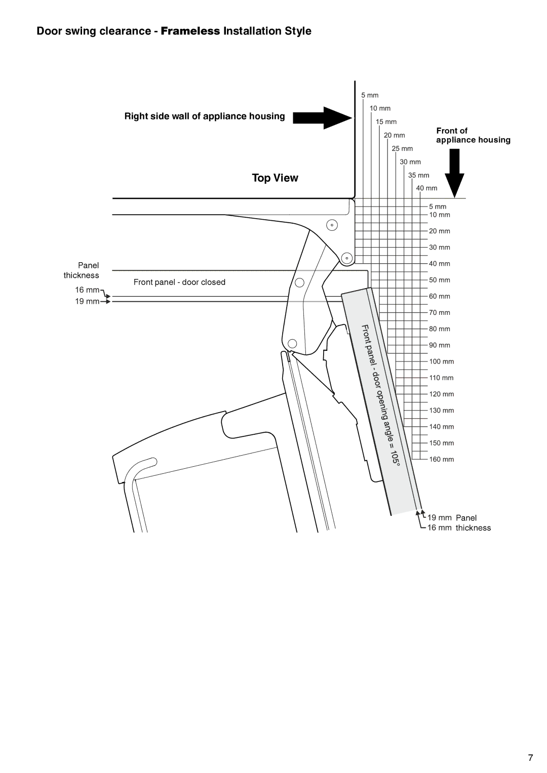 Liebherr 7083-103-00 installation instructions Door swing clearance Frameless Installation Style 