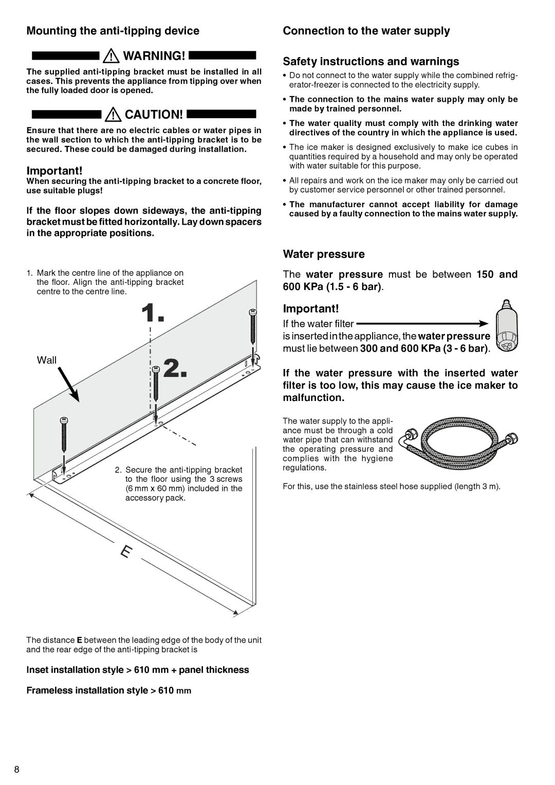 Liebherr 7083-103-00 installation instructions Mounting the anti-tipping device, Water pressure 