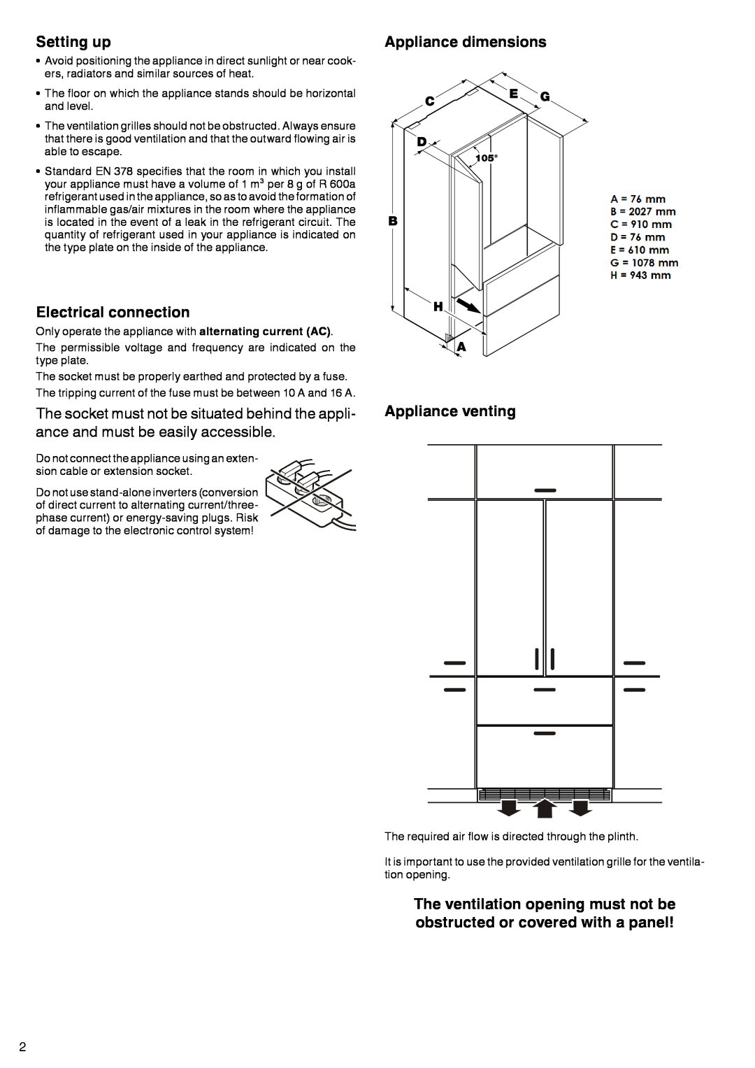 Liebherr 7083-103-00 installation instructions Setting up, Electrical connection, Appliance dimensions Appliance venting 