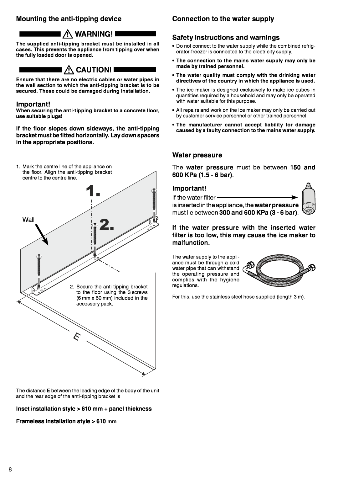 Liebherr 7083-103-00 Mounting the anti-tippingdevice, Connection to the water supply, Safety instructions and warnings 