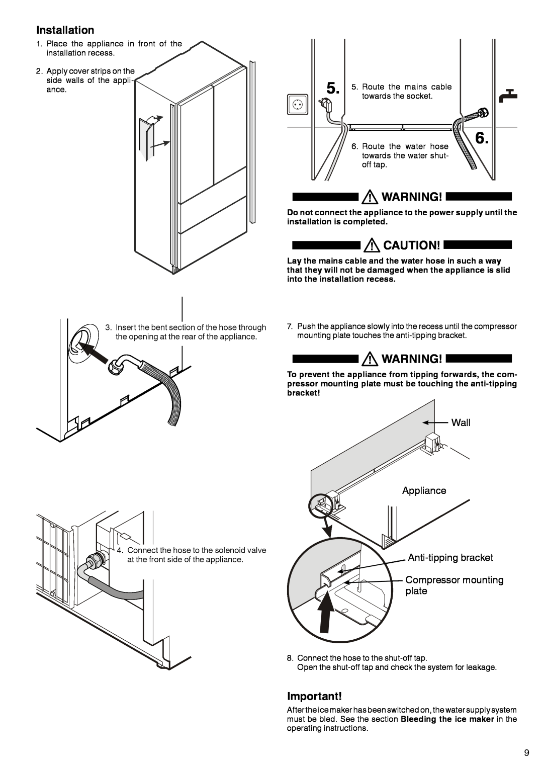 Liebherr 7083-103-00 installation instructions Installation, Wall Appliance Anti-tippingbracket, Compressor mounting plate 