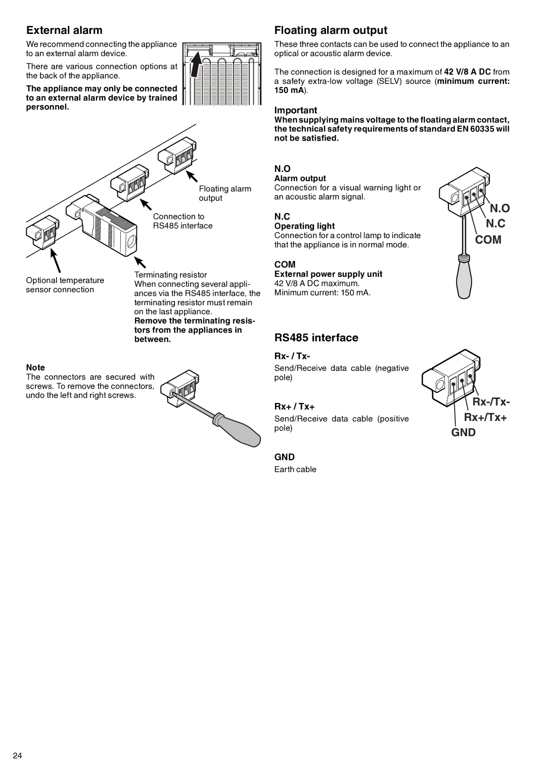 Liebherr 7083 247-00 operating instructions External alarm, Floating alarm output, RS485 interface, Rx- / Tx, Rx+ / Tx+ 