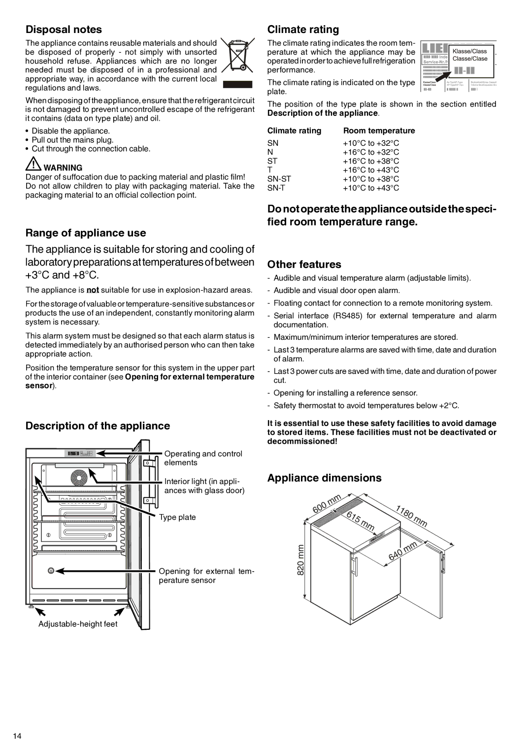 Liebherr 7083 247-00 Disposal notes, Range of appliance use, Description of the appliance, Climate rating 