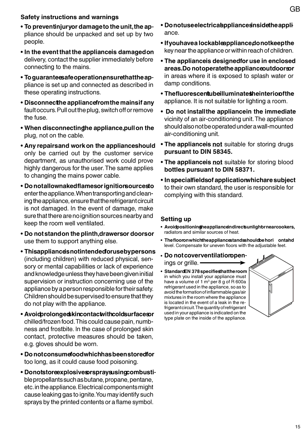 Liebherr 7083 247-00 operating instructions Safety instructions and warnings, Setting up 