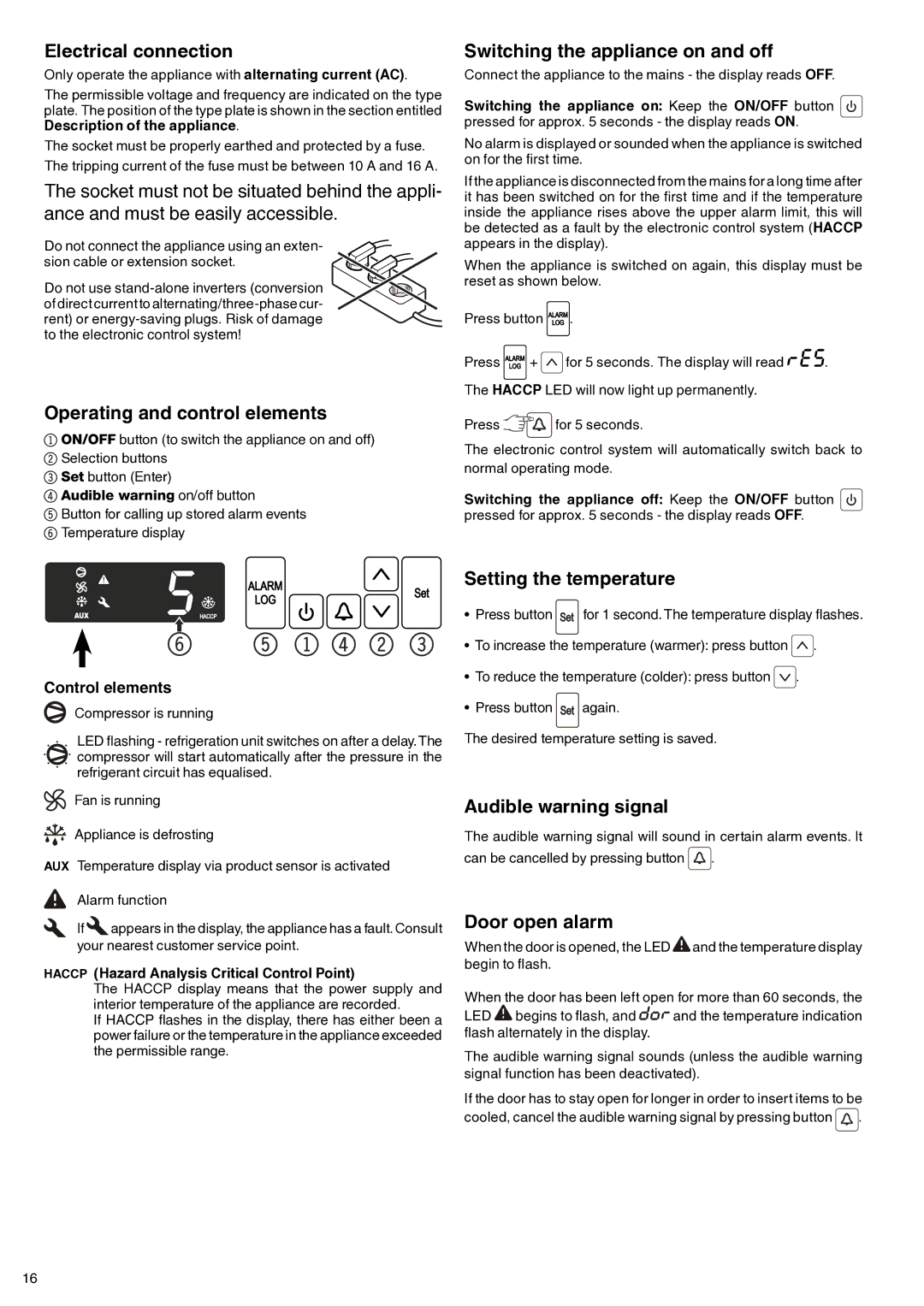 Liebherr 7083 247-00 Electrical connection, Operating and control elements, Switching the appliance on and off 