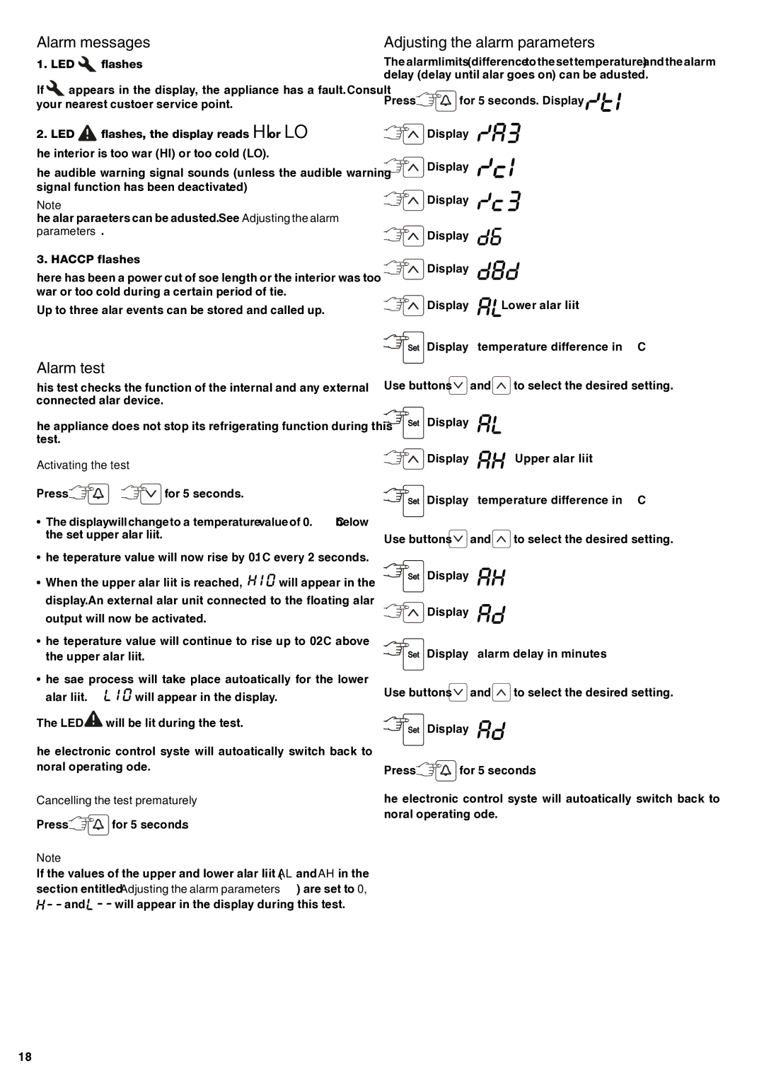 Liebherr 7083 247-00 operating instructions Alarm messages, Alarm test, Adjusting the alarm parameters 