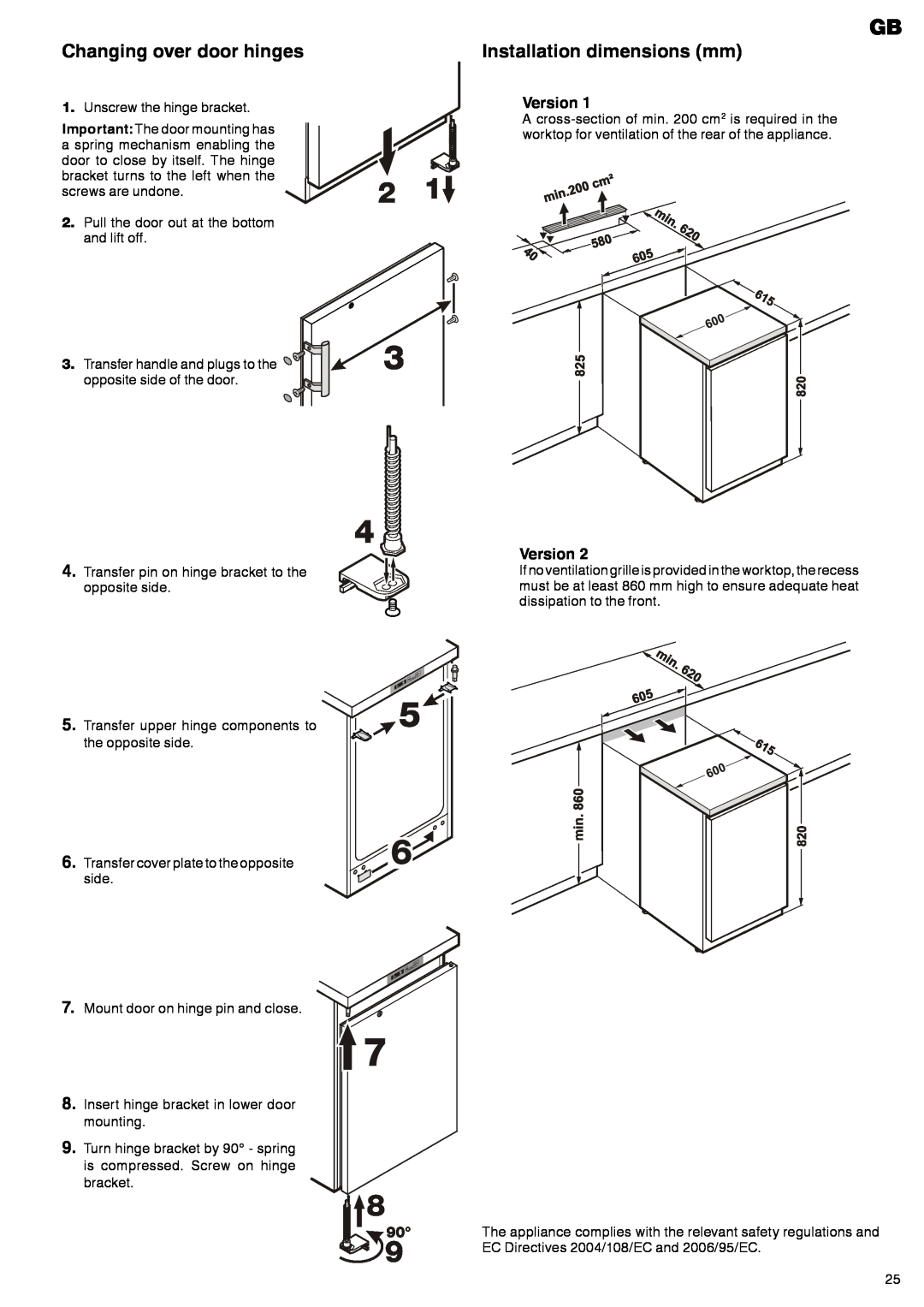 Liebherr 7083 247-00 operating instructions Changing over door hinges, Installation dimensions mm, Version 