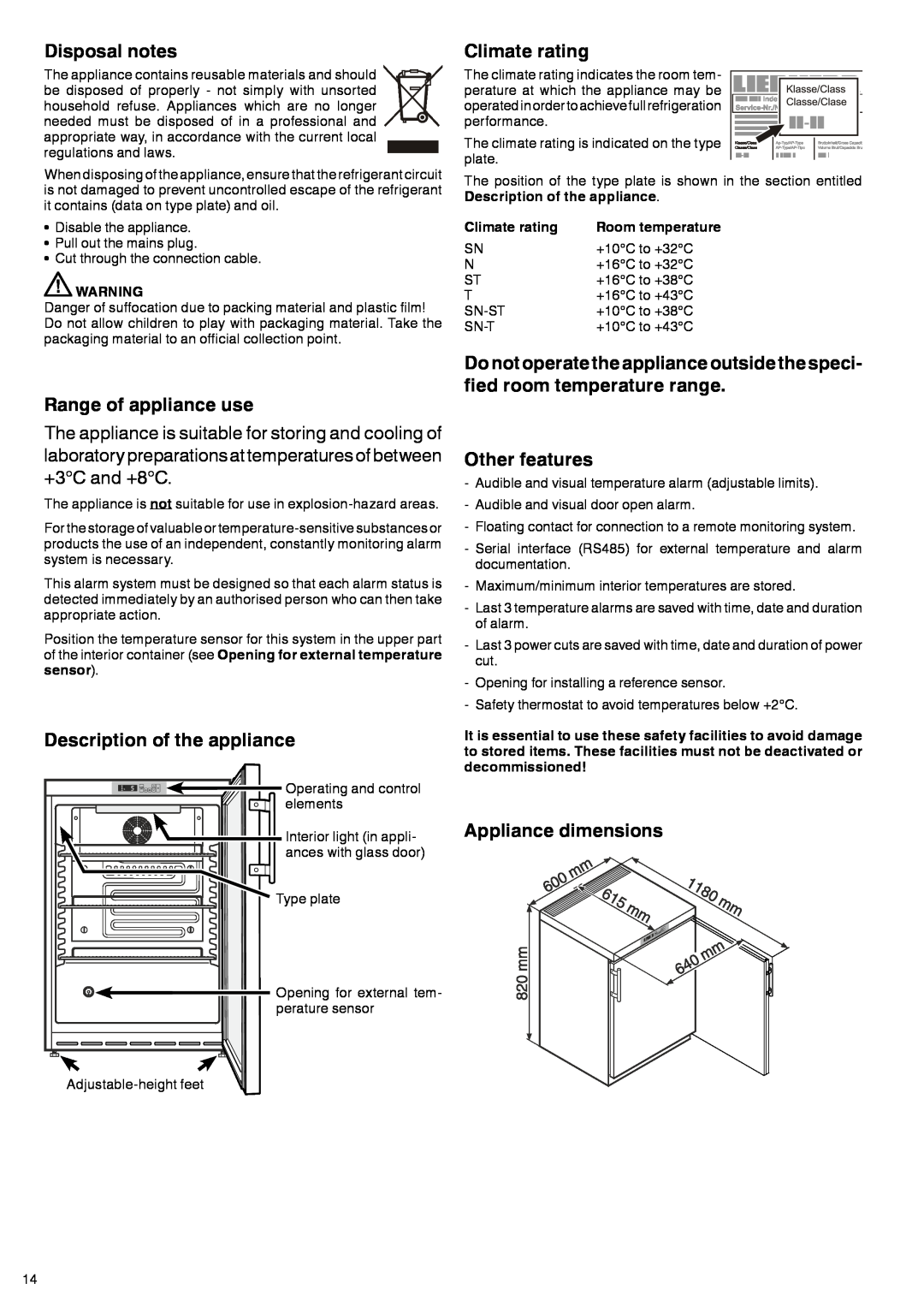 Liebherr 7083 247-00 Disposal notes, Range of appliance use, Description of the appliance, Climate rating, Other features 