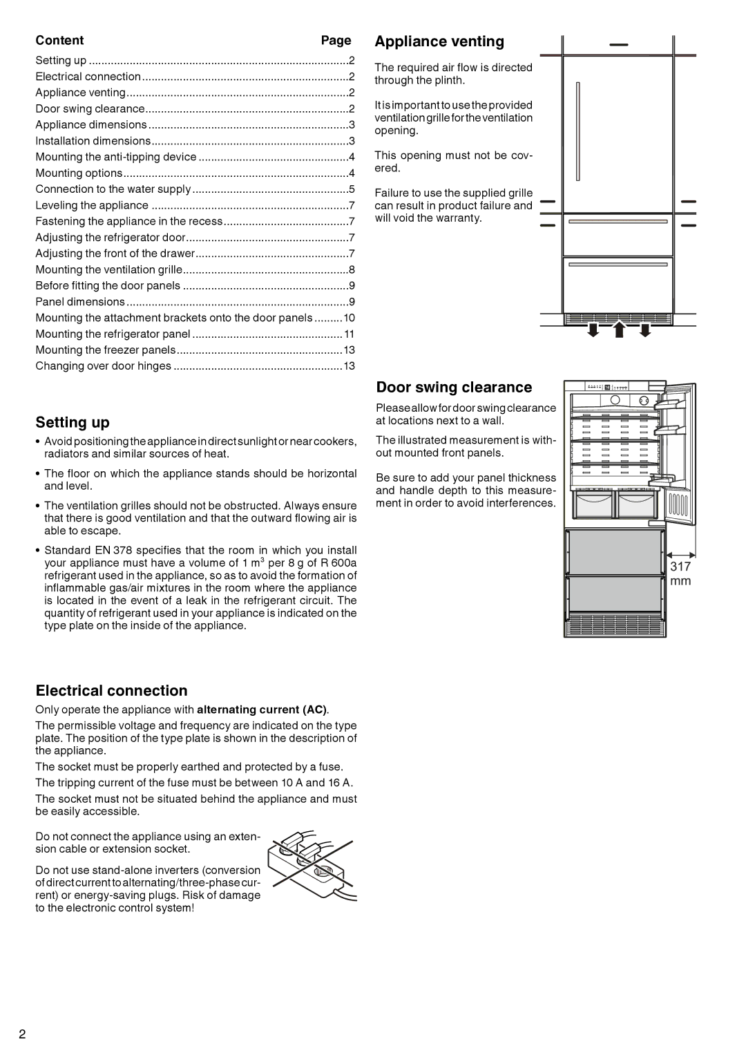 Liebherr 7083 461-00 manual Setting up, Electrical connection, Appliance venting, Door swing clearance 