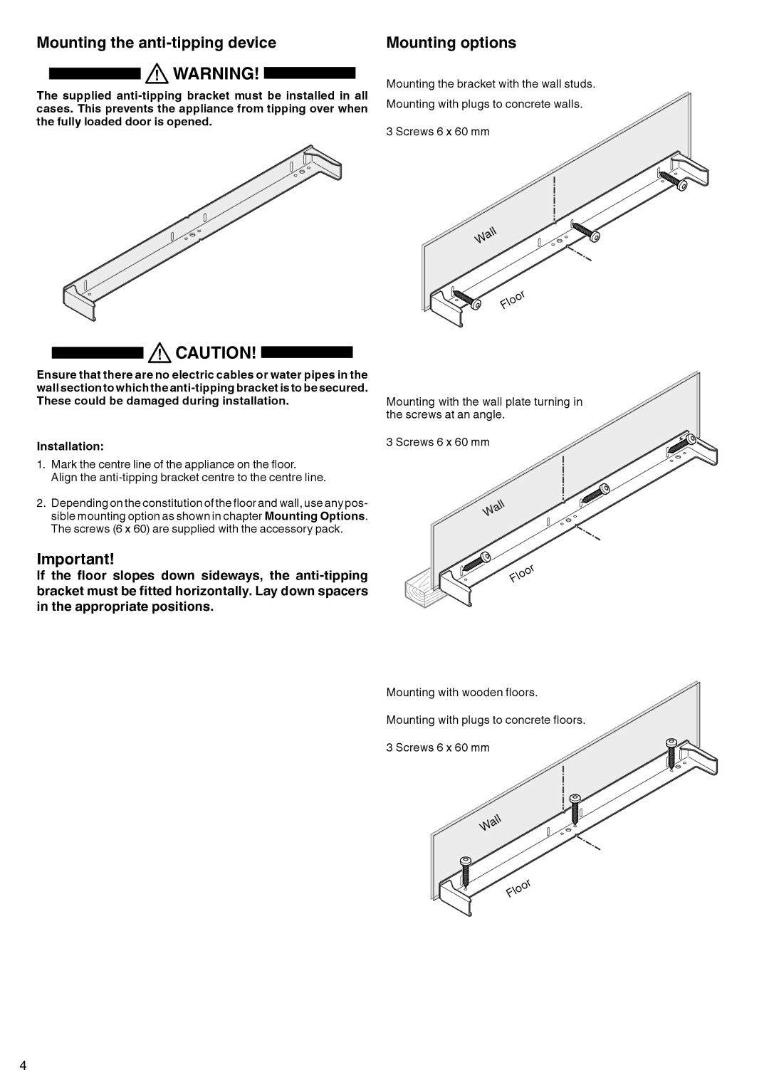 Liebherr 7083 461-00 manual Mounting the anti-tipping device, Mounting options 