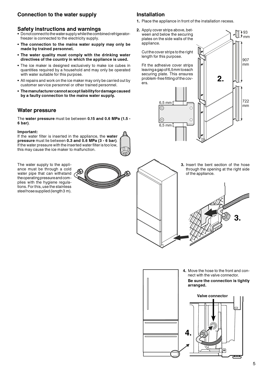 Liebherr 7083 461-00 manual Water pressure, Installation 