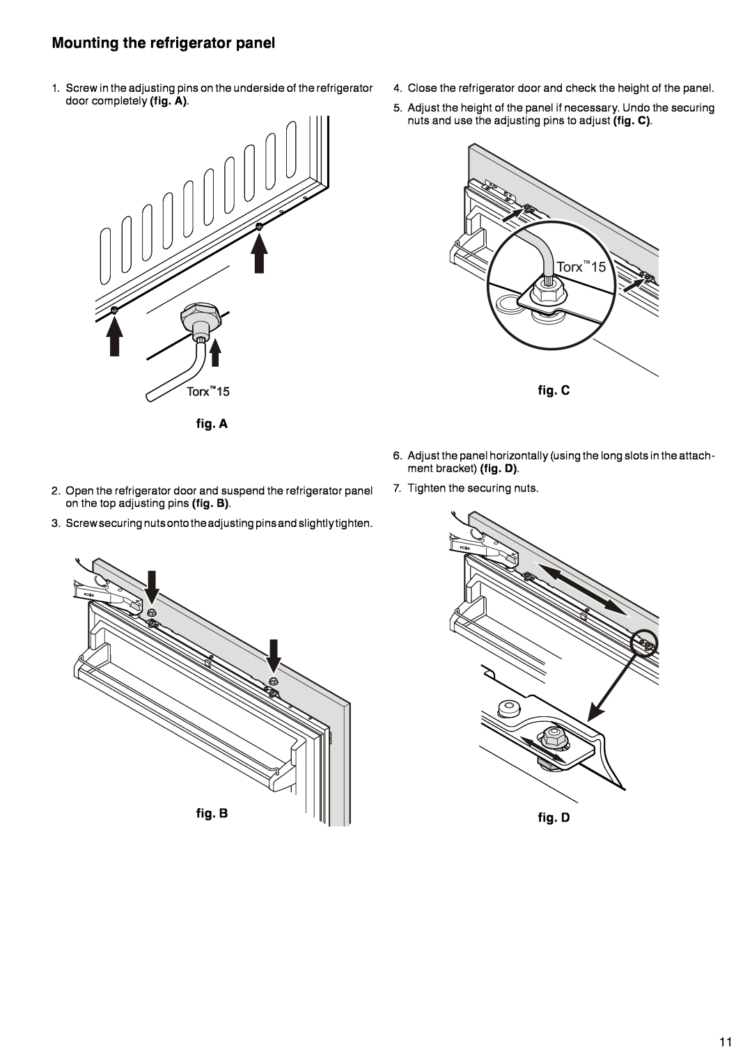 Liebherr 7083 461-00 manual Mounting the refrigerator panel, fig. A, fig. B, fig. C, fig. D 
