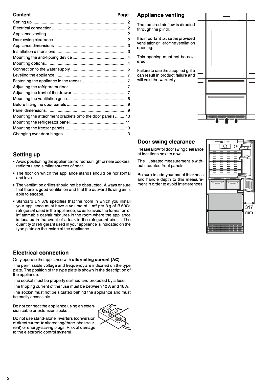 Liebherr 7083 461-00 manual Setting up, Electrical connection, Appliance venting, Door swing clearance, Content, Page 