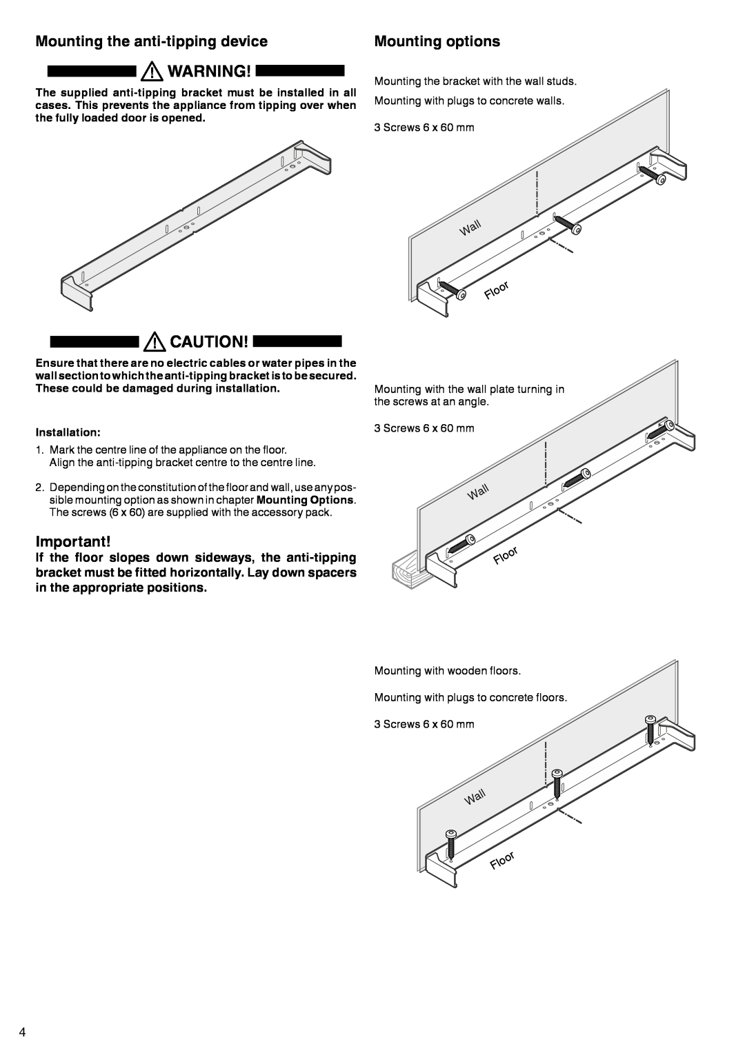 Liebherr 7083 461-00 manual Mounting the anti-tipping device, Mounting options 