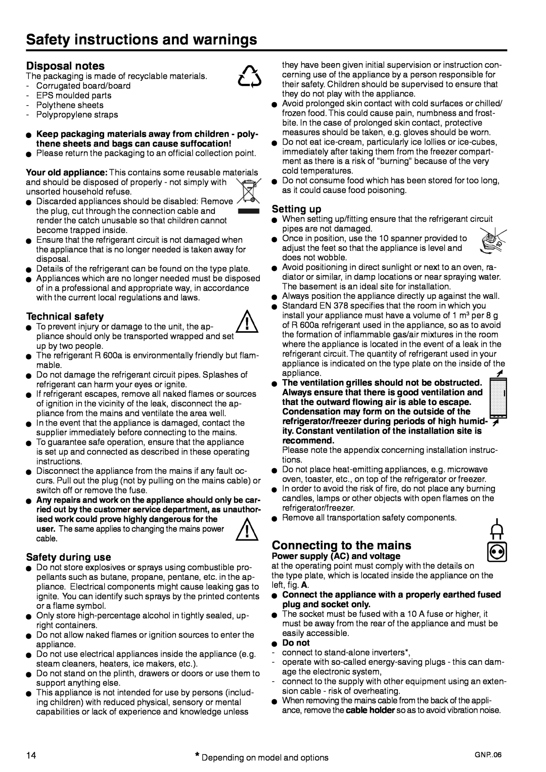 Liebherr 7084 152 - 00 manual Safety instructions and warnings, Connecting to the mains, Disposal notes, Technical safety 