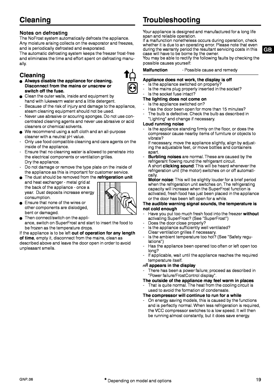 Liebherr 7084 152 - 00 manual Cleaning, Troubleshooting, Notes on defrosting, W Always disable the appliance for cleaning 