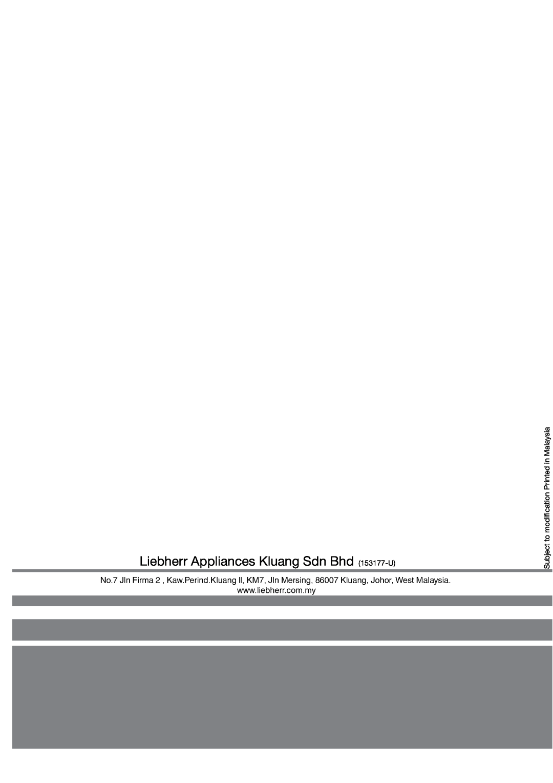 Liebherr 7084 750-00 manual Liebherr Appliances Kluang Sdn Bhd 153177-U 