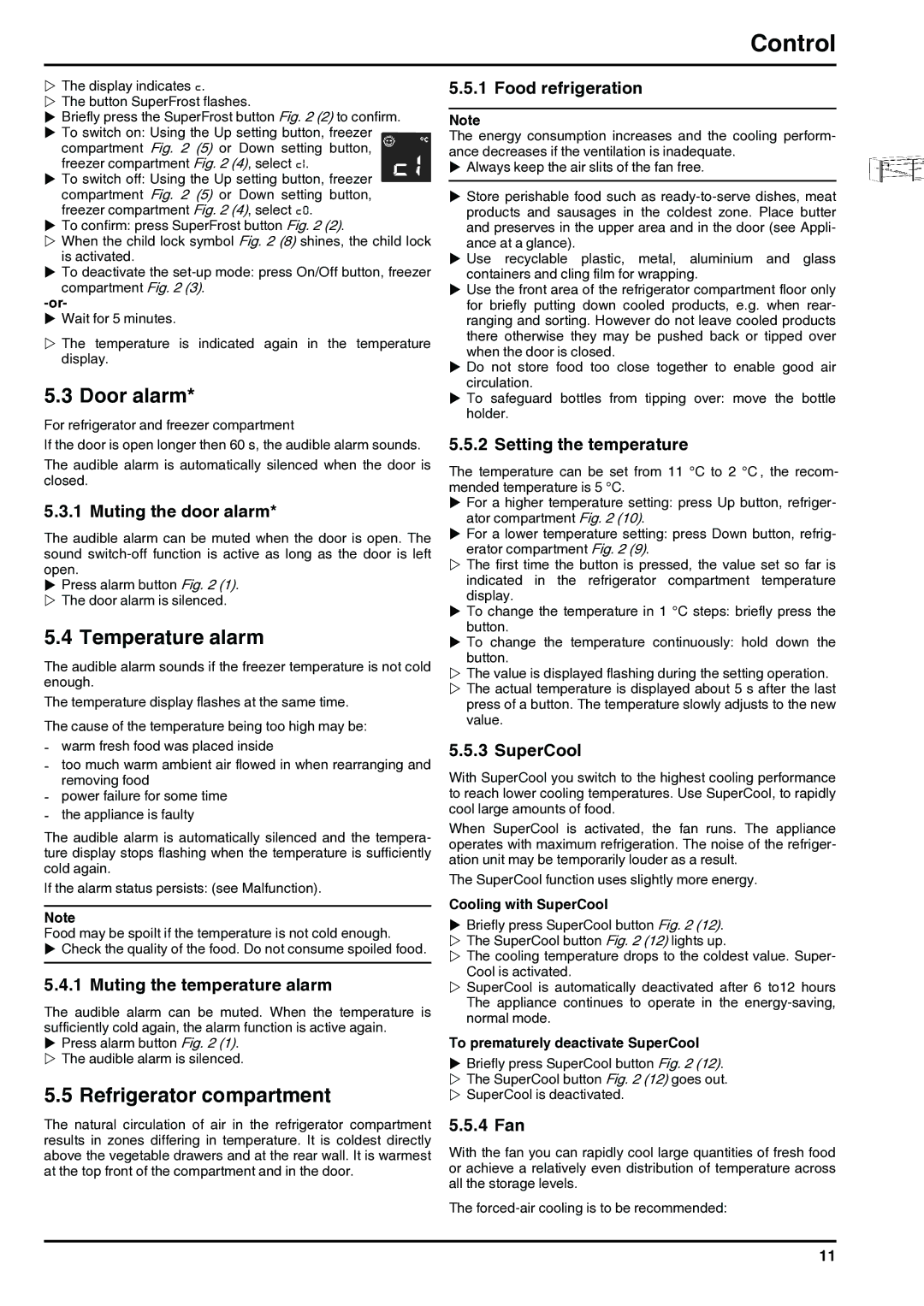 Liebherr 7084284-03 installation instructions Door alarm, Temperature alarm, Refrigerator compartment 