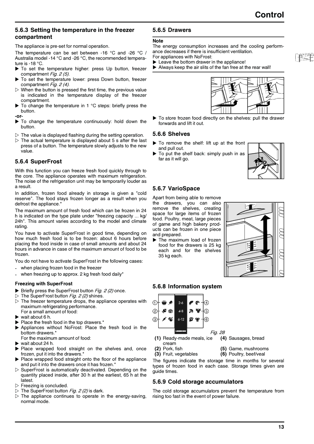 Liebherr 7084284-03 Setting the temperature in the freezer compartment, SuperFrost, Drawers, Shelves, VarioSpace 