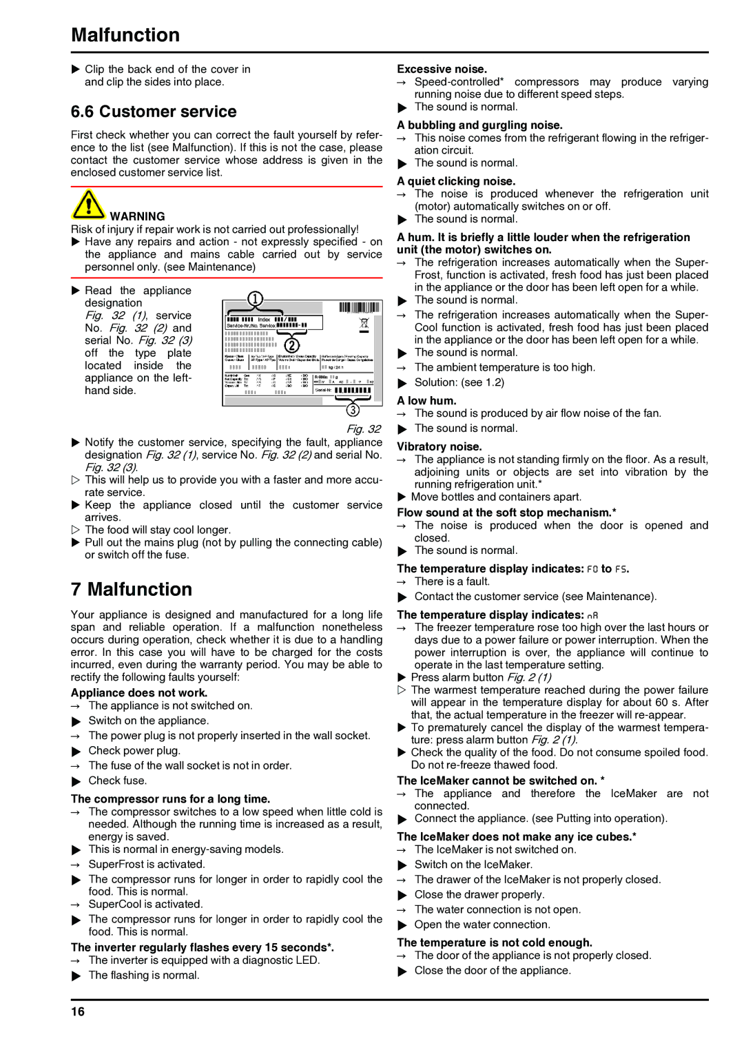 Liebherr 7084284-03 installation instructions Malfunction, Customer service 